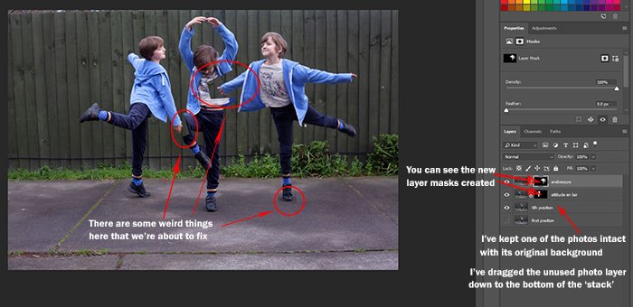 Скриншот использования Photoshop для редактирования фотографии танцующей маленькой девочки в многоплановый снимок