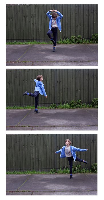 Сетка из трех фотографий маленькой девочки, танцующей на улице