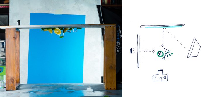 Перевернутый снимок пористой воды на натюрморте на синем фоне и схема 