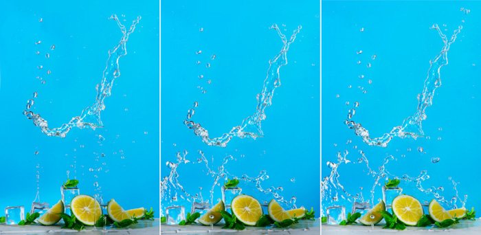 Триптих фуд-фотографии с брызгами воды