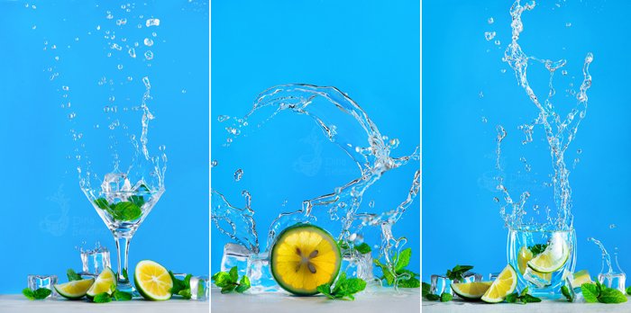 Динамический всплеск воды с бокалом мохито или лимонада на ярко-синем фоне. Концепция освежающего летнего напитка с пробелом.