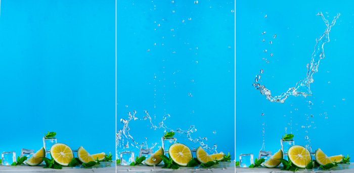 Триптих фуд-фотографии с брызгами воды