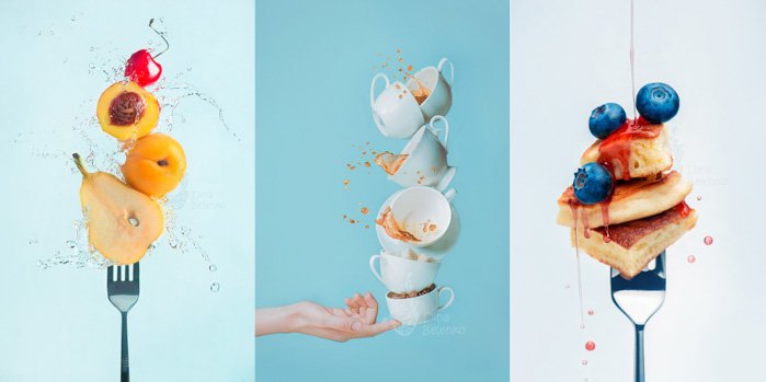 Food photography triptych showing frozen food and water splash photography on forks