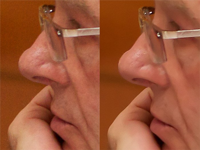 диптих крупный план портрета мужчины в очках, сравнение до и после использования шумоподавления 