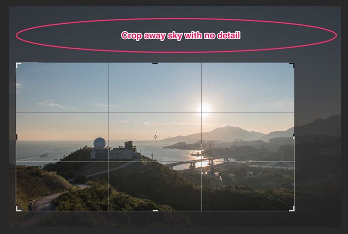 Скриншот, показывающий, как обрезать небо на пейзажной фотографии в Lightroom