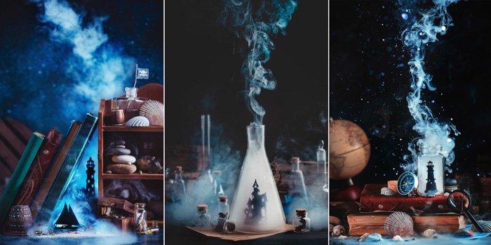 Атмосферный и мистический фототриптих натюрмортов с изображением крошечных вырезанных персонажей с клубами дыма вокруг