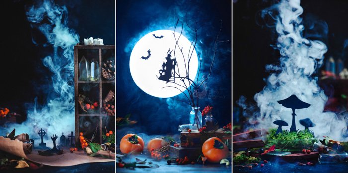 Лунное кладбище с восходящими силуэтами зомби в концептуальном хэллоуинском натюрморте с дымом, рабочими местами, листьями и магическими свитками. Заклинание воскрешения мертвых. Оккультная ночная сцена с пространством для копирования.