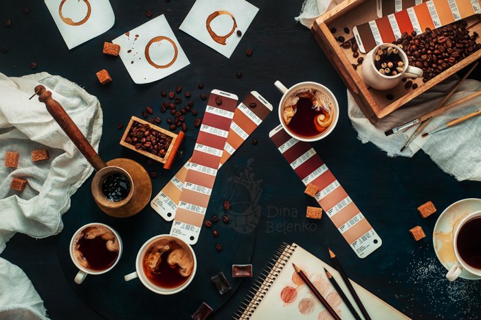 A flat lay using monochromatic color scheme based on natural shades of coffee
