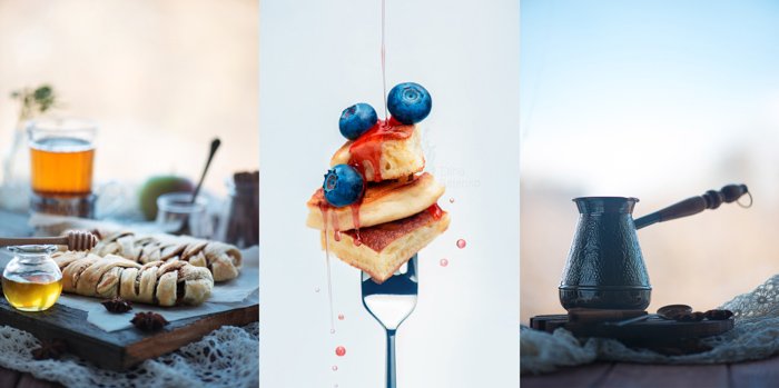Завтрак из слоеного теста с чаем и медом - пищевой фототриптих с использованием оранжевого и синего цветов