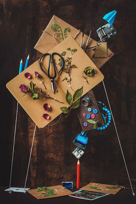 Flat lay still life with the theme ' Notes and keepsakes' 