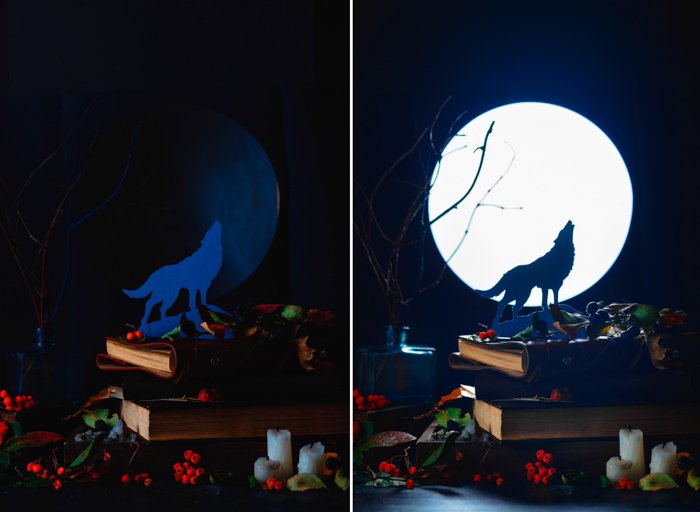 Атмосферный натюрморт-диптих бумажного волка, воющего на фоне полной луны, и другой жуткий реквизит для фотосъемки Хэллоуина на темном фоне