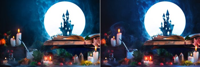 Натюрморт с силуэтом жуткого замка, полной луной, свечами и другими жуткими предметами - прикольные картинки на Хэллоуин