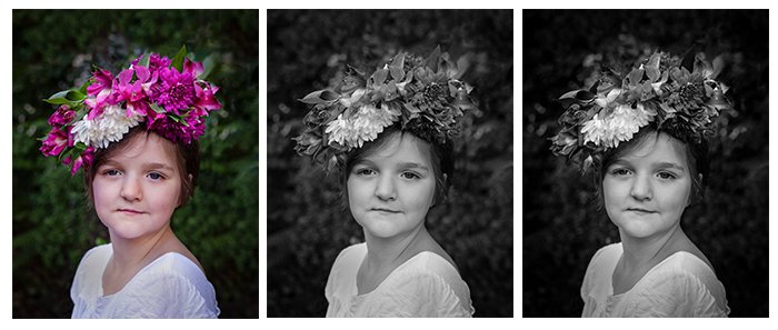Три фотографии для сравнения. Слева фотография девушки в белом платье и с розовой цветочной короной на голове. Средняя и правая - фотографии, отредактированные до черно-белых
