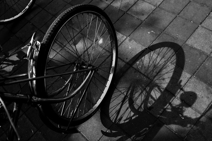 черно-белая фотография велосипедного колеса и его тени