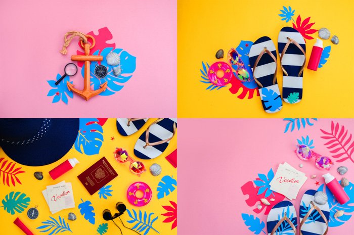 коллаж из четырех фотографий. ярко-желтый и розово-пузырьковый фоны. наложение модных предметов: шлепанцы, якорь, солнцезащитные очки