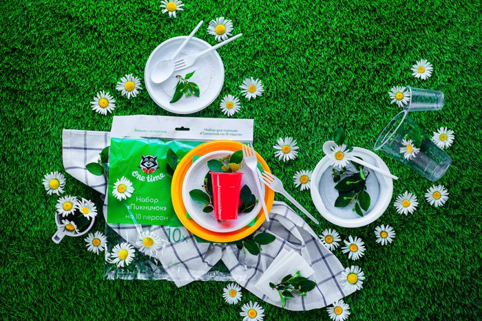 плоское фото в стиле пикника. бумажные тарелки и посуда на зеленой траве, ромашки разбросаны вокруг, фон для фото товара