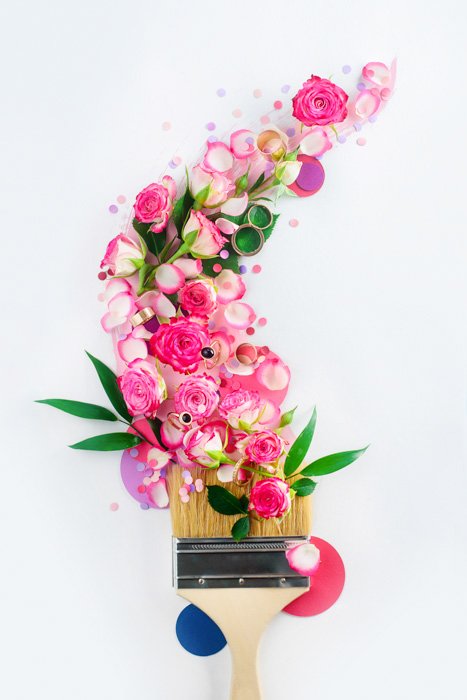 Пейнтбрюссель с розовыми оттенками, розами и лепестками, на белом фоне. Картина весна творческий плоский слой. Концепция украшения дома.