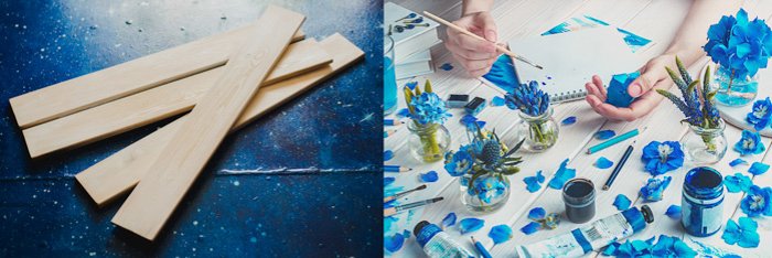 две фотографии. слева: тонкие деревянные доски на темно-синем фоне. справа: небесно-голубые цветы и листья, расположенные на белом фоне дерева, руки держат кисть, горшки с синей краской