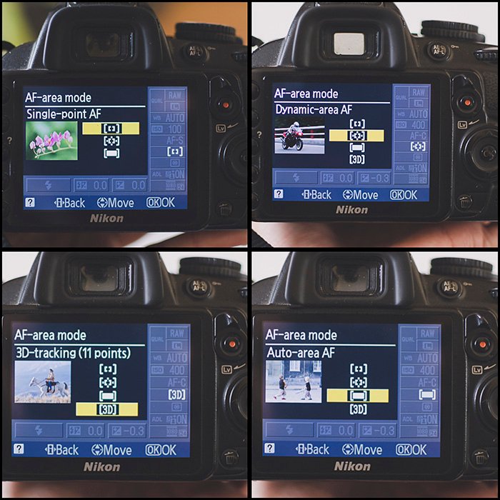 Сетка из 4 фотографий, показывающая, как менять режимы автофокуса на зеркальной фотокамере