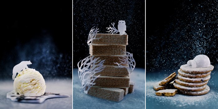 Волшебный рождественский натюрморт-триптих с изображением еды и вырезанных деталей