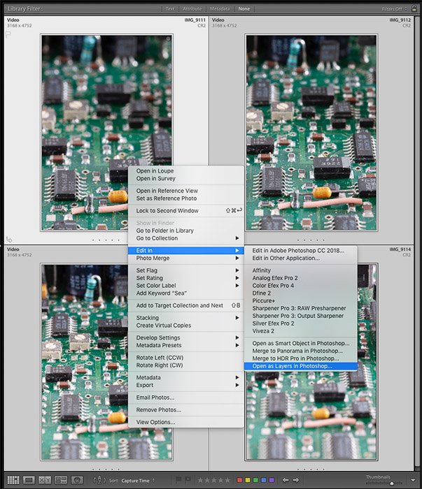 Скриншот отправки последовательности изображений из Lightroom в Photoshop для стекирования фокуса.