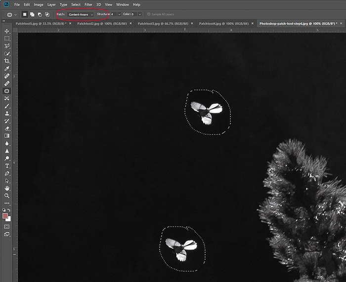 Скриншот выделения частей изображения с помощью Photoshop patch-tool