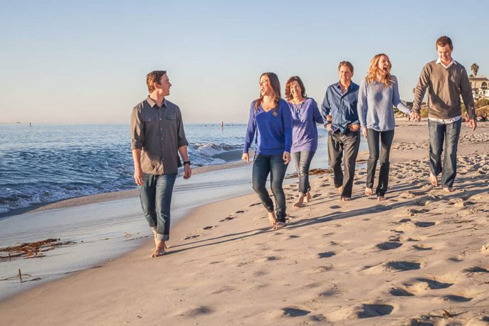 Милая семейная пляжная фотосессия с семьей, гуляющей у берега в одинаковых нарядах