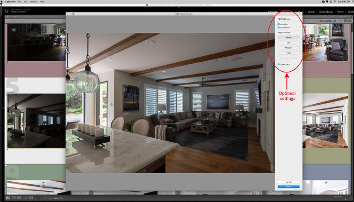 Скриншот, показывающий всплывающее окно инструмента Photo Merge.- Lightroom HDR