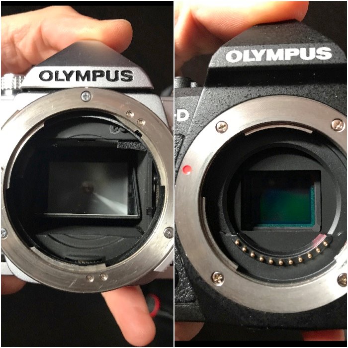 Диптих, показывающий зеркало в зеркальной камере Olympus OM-1 (слева). Справа без зеркала интерьер современной беззеркальной камеры Olympus OM-D EM-5 Mk ii