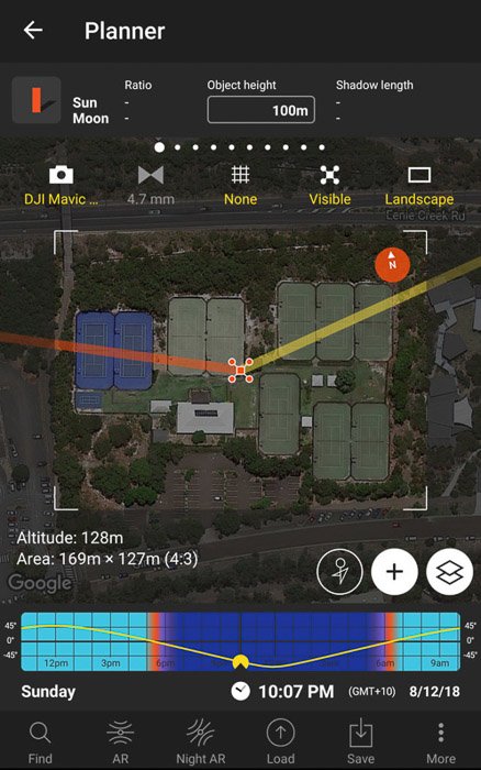 Скриншот приложения photopills для съемки с дрона