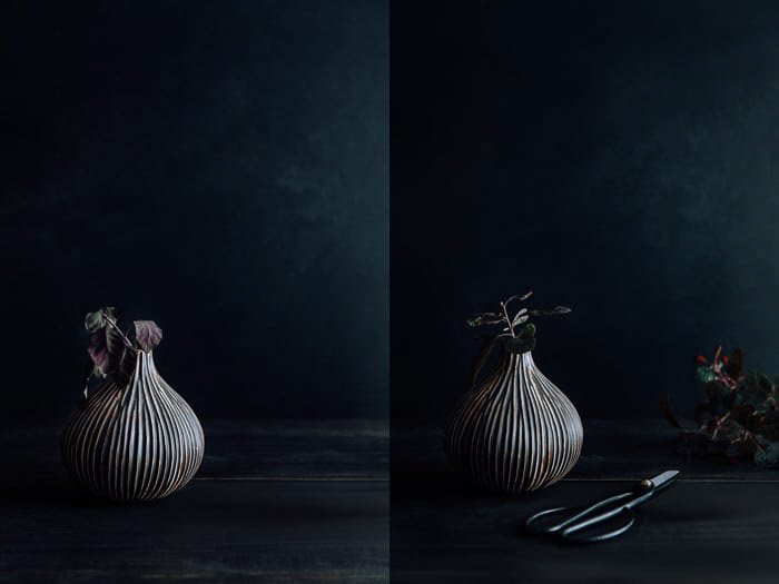 A dark and moody food photography diptych 