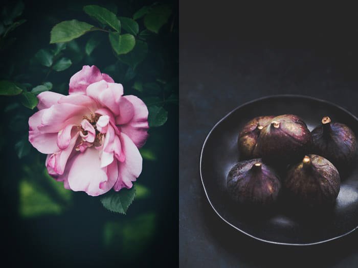 Атмосферный фотопринт-диптих с изображением розового цветка и чаши с инжиром