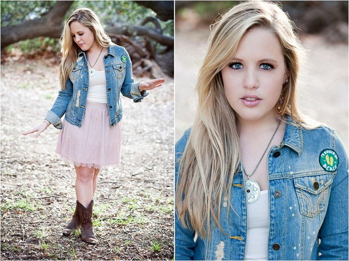 A relaxed and natural senior photography diptych of the blonde girl posing outdoors