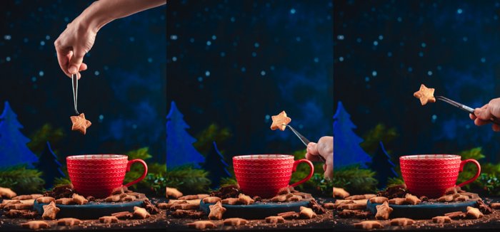 Триптих, показывающий установку для фотографирования левитирующего рождественского печенья фото