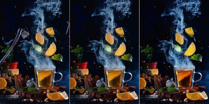 Левитирующий триптих из лимонных долек и чайных листьев