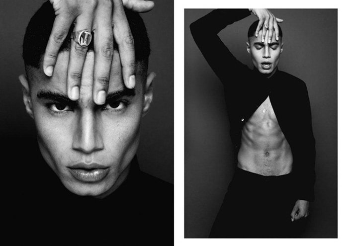 Диптих модной фотографии позирующей мужской модели, снятый с использованием кольцевой вспышки