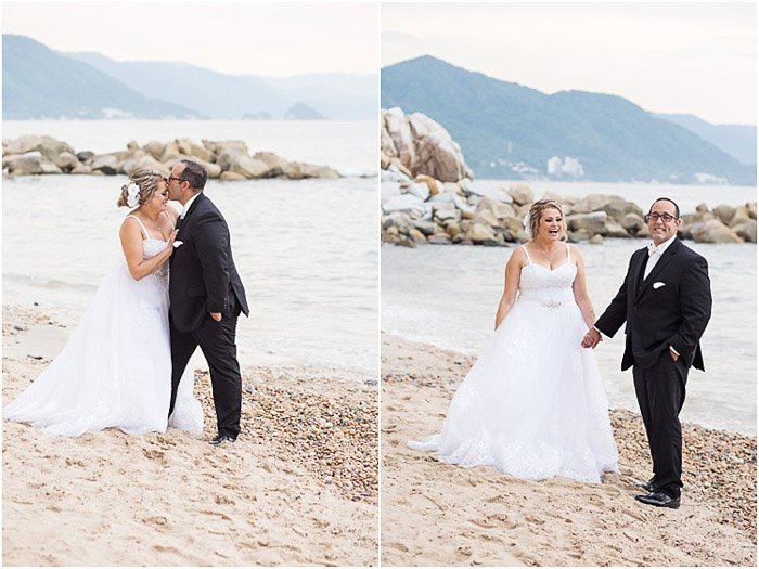 Диптих свадебной фотографии пары, позирующей на пляже