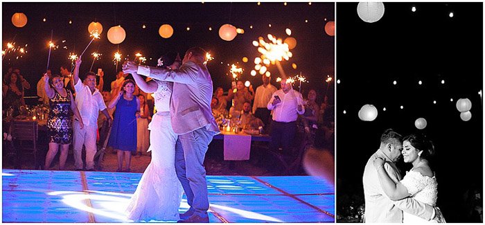 Destination wedding photography diptych of the newlywed couple dancing in color and black and white
