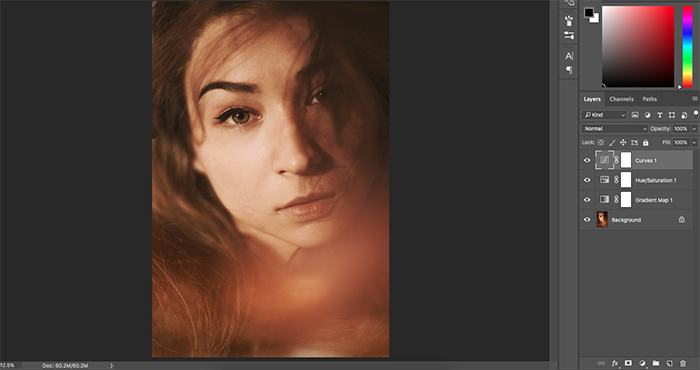 Скриншот редактирования портрета модели в Photoshop