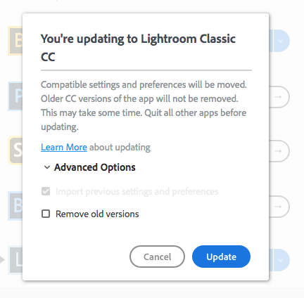 Скриншот обновления с Lightroom 6 до Lightroom cc