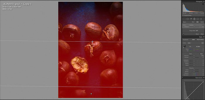 Скриншот редактирования плоской пищевой фотографии каштанов - с помощью сочетаний клавиш lightroom