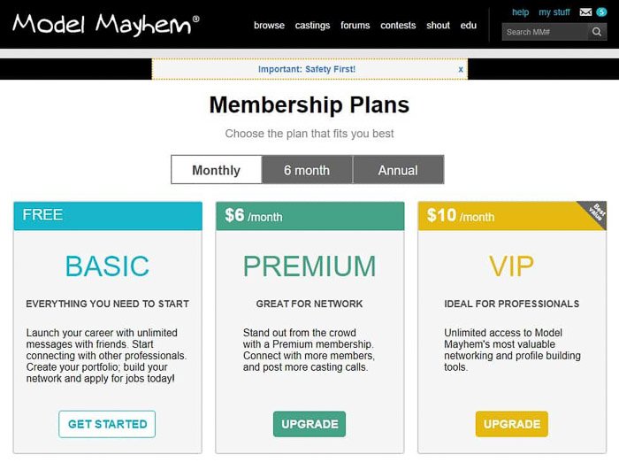 Скриншот прайс-плана сайта model mayhem