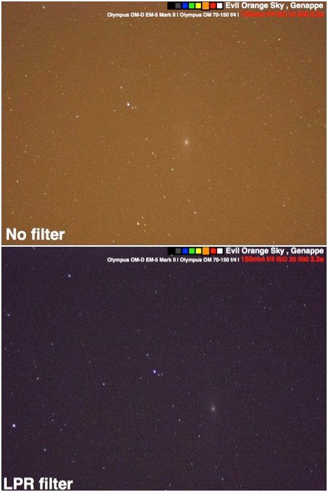 Диптих, сравнивающий попытки сфотографировать галактику Андромеды под сильно загрязненным небом с LPR-фильтром и без него.