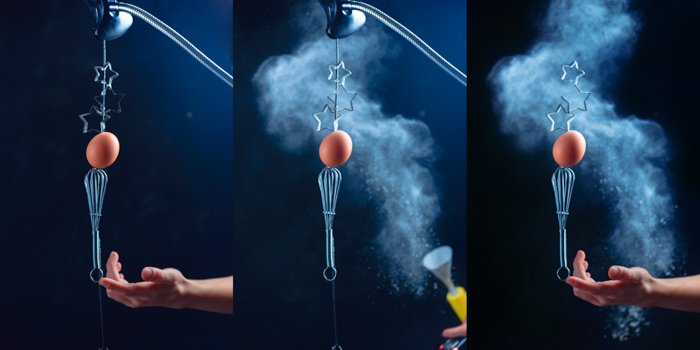 Фотосетка показывает этапы съемки креативного натюрморта с использованием летающей кухонной утвари и мучных облаков