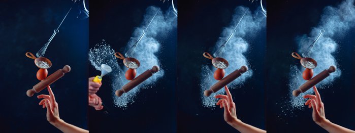 Фотосетка показывает этапы съемки натюрморта с использованием летающей кухонной утвари и мучных облаков - креативное фото натюрморта