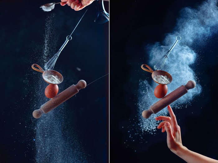 Диптих, показывающий, как создать волшебный натюрморт с помощью кухонной утвари и мучных облаков