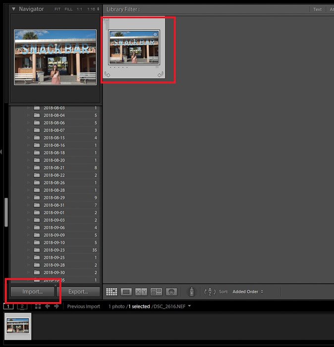 Скриншот, показывающий, как импортировать фотографию, чтобы обрезать или выпрямить ее в Lightroom
