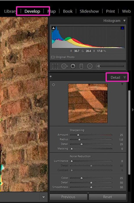Скриншот, показывающий, как корректировать экспозицию в Lightroom - Как уменьшить зернистость изображения