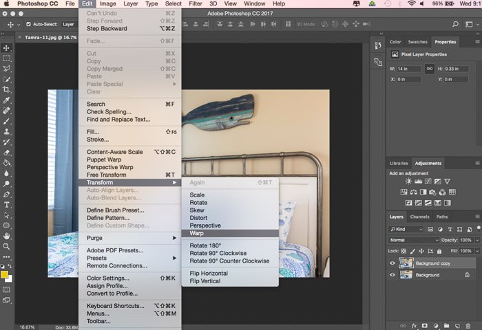 Скриншот, показывающий, как использовать инструмент искривления в Photoshop