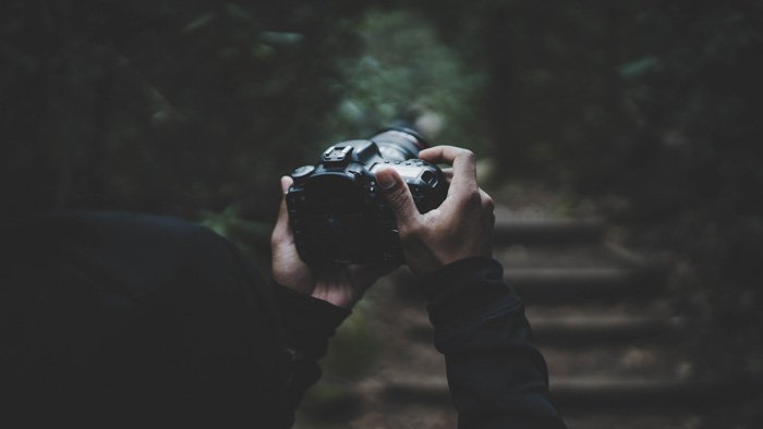 Крупный план фотографа, делающего снимки в темном лесу